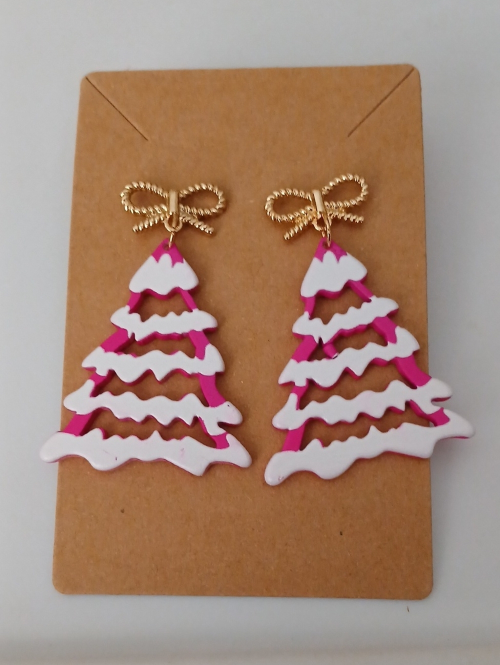Fashion Jewelry Gold Bow Pink and White Tree Drop Earrings